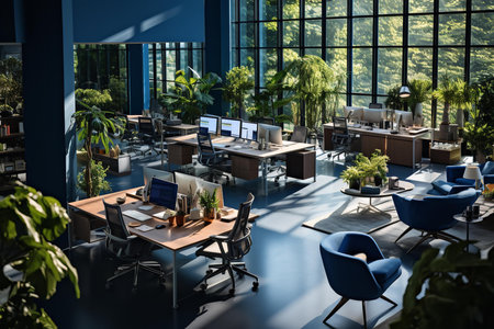 The room has a large window and is well-lit. The walls are a dark blue-green color and the floor is made of polished concrete. Ideal for meetings and discussions.の素材