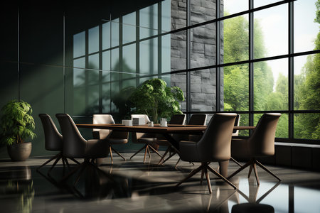 A modern and luxurious conference room with a large wooden table, comfortable chairs, and a beautiful view of the greenery outsideの素材