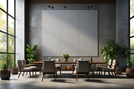 a modern and luxurious meeting room with a large window, a dining table, and a blank canvas on the wall. The room is decorated with plants and has a minimalist design.の素材