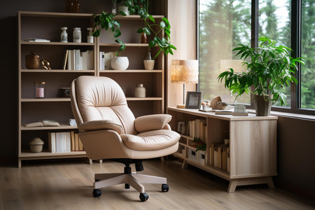 The room has a large window with a view of trees and a plant on the windowsill. The color scheme is neutral with beige and brown tones.の素材