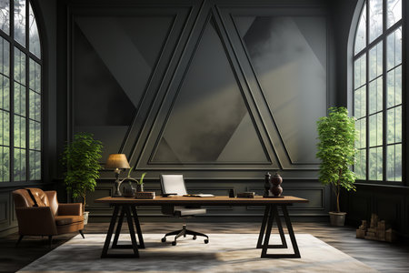 A contemporary office space with a large window, wooden desk, and leather chair. The room is decorated with plants, books, and a rug. The space is well-lit and has a professional atmosphere.の素材
