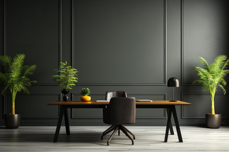 a modern and minimalistic home office setup with a black wall, wooden desk, and green plants. The desk is in the center of the image with a brown leather chair and a black lamp.の素材