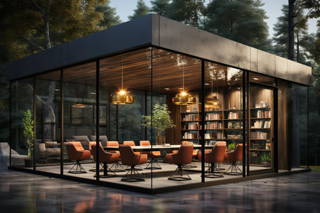 a modern library with a glass exterior and a concrete roof. The library is surrounded by trees and has a cozy interior with orange chairs and a wooden bookshelfの素材