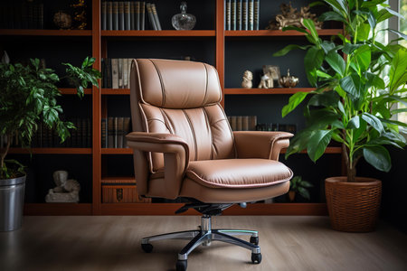 a modern home office features a comfortable chair, wooden bookshelf, and a desk with a computer and lamp. The room has a large window with a view of trees and a plantの素材