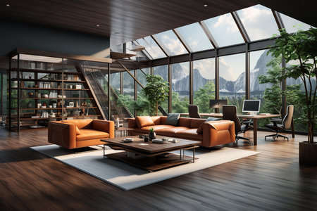 a modern meeting room with a beautiful view of the mountains. The room has a unique design with a sloping glass ceiling and a bookshelf that spans the entire wall.の素材