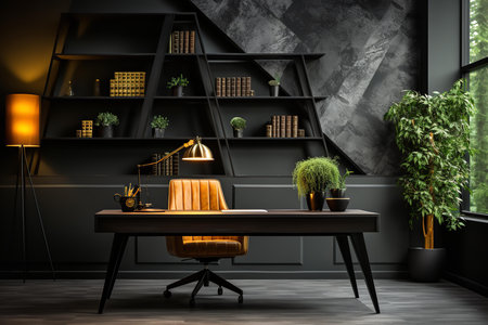 A modern office space with a large window, wooden desk, and leather chair. The room is decorated with plants, books, and a rug. The space is well-lit and has a professional atmosphere.の素材