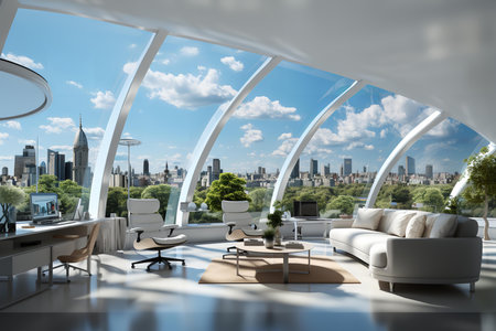 a modern and luxurious living space with a panoramic view of a city skyline. The space is filled with natural light and has a futuristic design with curved white beamsの素材
