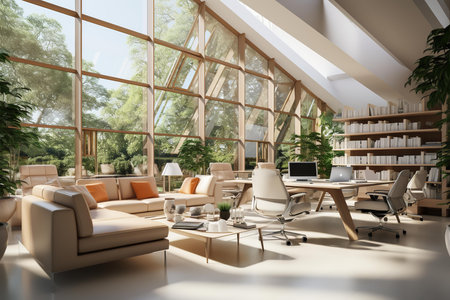 A modern meeting room with a large window and a view of the trees. The room is filled with natural light and has a contemporary design with a neutral color palette.の素材