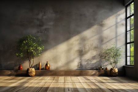 A modern interior space with a large window, wooden floor, and a variety of plants and vases. The room is filled with natural light and has a peaceful and serene atmosphere.の素材