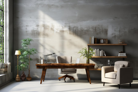 a modern office space with a desk, chair, bookshelf, and plants. The room has a large window with natural light and a concrete wall. The desk is made of wood and the chair is gray.の素材