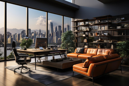 a modern office space with a view of a city skyline. The office has a desk, bookshelf, and a leather couch. The desk has a computer and a lamp.の素材
