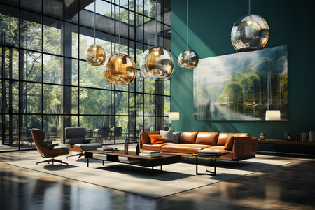 a modern living room with a large window that provides a view of a forest. The room is filled with natural light and has a neutral color palette with pops of orange.の素材