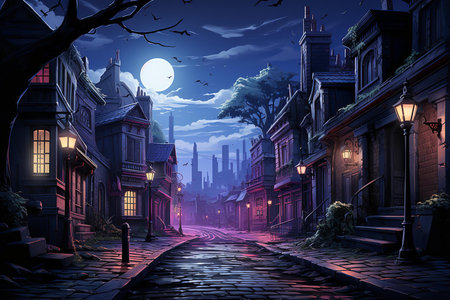 A spooky and abandoned alleyway at night with dilapidated buildings, trash, and a lone bicycle. The scene is lit by a single street lamp and the glow of a neon sign.の素材