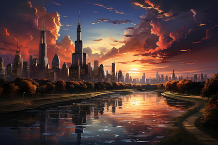 a beautiful and dramatic depiction of a city skyline at sunset. The sky is filled with orange and pink clouds, and the buildings are silhouetted against the setting sunの素材