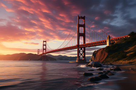 iconic Golden Gate Bridge in San Francisco during a breathtaking sunset. The bridge stands majestically against the backdrop of a vibrant skyの素材