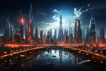A night view of a modern city with tall, illuminated buildings, a serene river reflecting the majestic architecture. The cityscape is futuristic and vibrantの素材