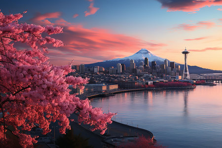 a beautiful image of the Seattle skyline with Mount Rainier in the background. The photo was taken during a pink sunrise, with cherry blossom trees in the foreground.の素材