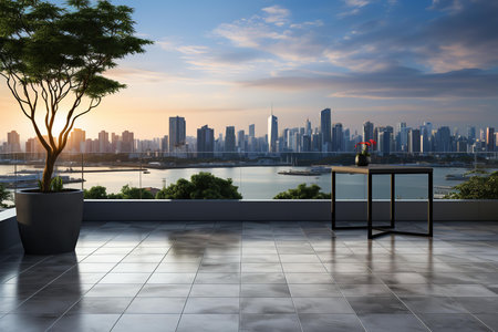 a beautiful city skyline view from a rooftop terrace. The terrace has a modern design with a potted tree and a table with a vase of flowers.の素材