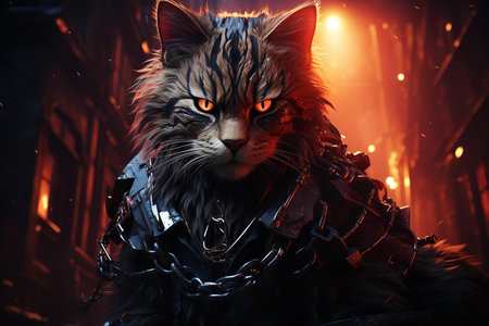 a fierce cat with intense eyes wearing armor in a dramatic, fiery setting, evoking a sense of fantasy and mystery.の素材