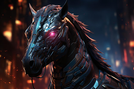 A detailed metallic horse with a glowing red eye amidst a dark, fiery atmosphere filled with sparks.の素材