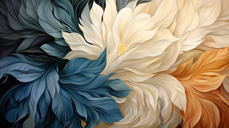abstract artwork featuring intricate patterns resembling layers of colorful feathers or waves. The design is symmetrical, creating a harmonious balance between the different colored sections.の素材