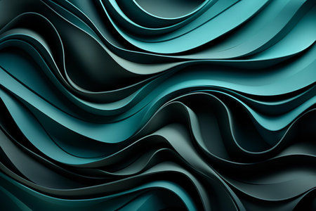 A stunning abstract artwork featuring intricate teal and black waves with a fluid design. The dynamic arrangement of shapes creates a sense of movement and energy.の素材