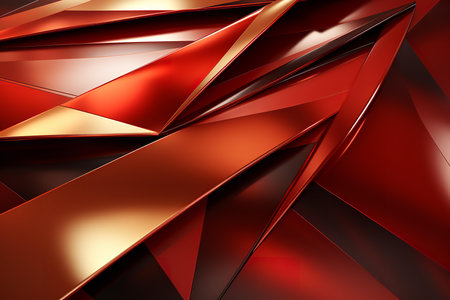 Vivid red abstract art with dynamic metallic shapes; a mix of sharp edges and smooth surfaces creating visual intrigue.の素材