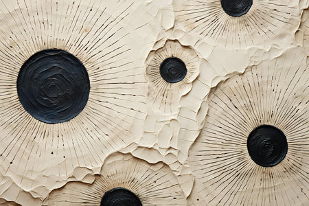 Unique wooden art piece displaying contrasting dark circles amidst a textured beige surface, showcasing intricate natural patterns.の素材