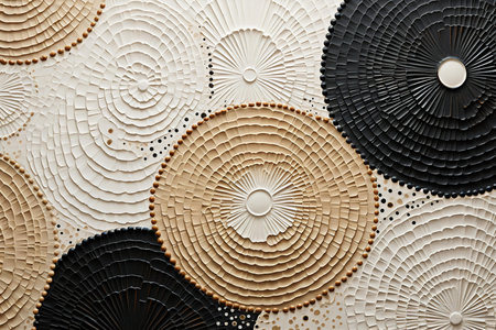 a unique wooden art piece displaying contrasting dark circles amidst a textured beige surface. The intricate circular designs showcase texture and contrast in modern art.の素材