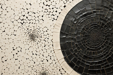 an artistic mosaic design featuring a dark spiral pattern adjacent to a white pebble texture. The beige areas have a textured appearance.の素材
