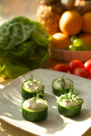 Delicious vegetable salad with onion and cucumberの写真素材