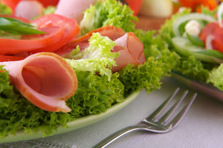 Fresh salad with onion, tomato and basilの写真素材