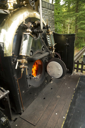 View into the footplate of narrow gauge locomotive on the Ffestiniog Railway, Gwynedd, Wales  United Kingdomの写真素材