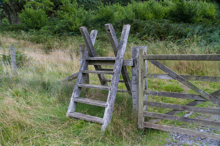 Ladder over fence. Snowdonia National Park, Gwynedd, Wales, United Kingdom.の写真素材