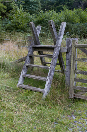 Ladder over fence. Snowdonia National Park, Gwynedd, Wales, United Kingdom.の写真素材