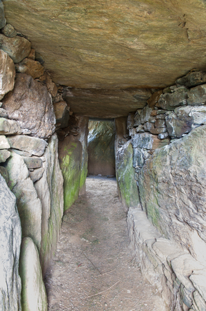 Interior of Bryn Celli Ddu, Anglesey, is one of the finest prehistoric passage tombs in Wales, United Kingdom.の写真素材