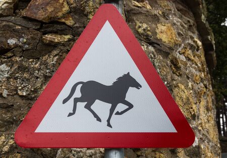 Beware horse or Pony  silhouette. United Kingdom triangular warning sign warning of quayside or river bank.の写真素材