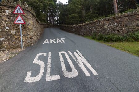 Welsh lane with white written Araf Slow bilingual in Welsh and English. Wales United Kingdom.の写真素材