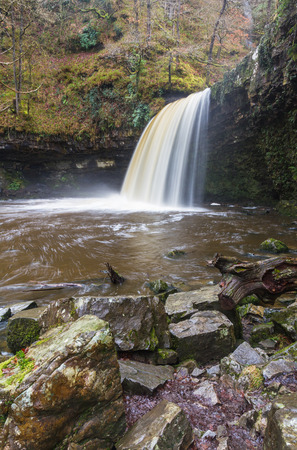 Sgwd Gwladus Falls, waterfall. Pontneddfechan, Vale of Neath, Powys, Wales, United Kingdom, winter.の写真素材