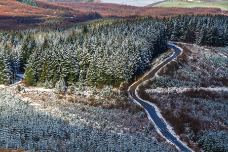 Looking down on road and fir plantation after light covering of snow. United Kingdom.の写真素材