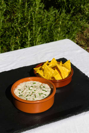 Home made aubergine dip in orange ceramic bowl and tortilla chips on the side. On slate mat, outside on linen covered table.の写真素材