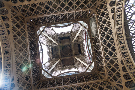View of the Eiffel Tower from below. Paris, France, Europe.
