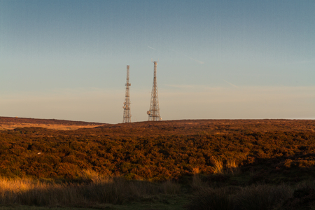 In Blorenge Hill, last light of day, and radio masts. Abergavenny, Wakes, United Kingdom.の写真素材