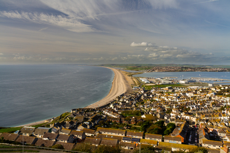 Chesil bank, viewed from Portland Bill. Weymouth, Dorset, England, United Kingdom.の写真素材