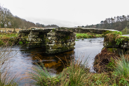 Fine example of Clapper Bridge. Postbridge, Dartmoor, Devon, England, United Kingdom.の写真素材