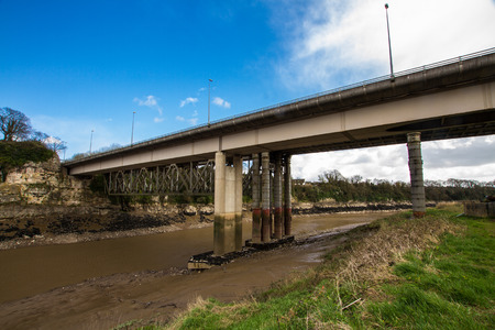 Concrete road bridge over River Wye connecting England and Wales, Chepstow, United Kingdom.の写真素材