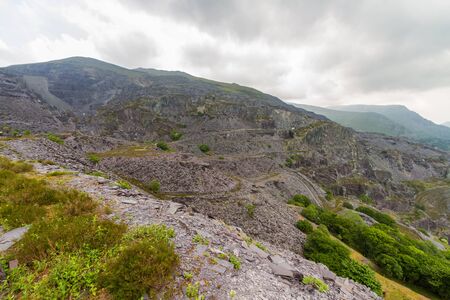 View from upper Dinorwig Slate Quarry, Llanberis, Gwnedd, Wales, United Kingdomの写真素材