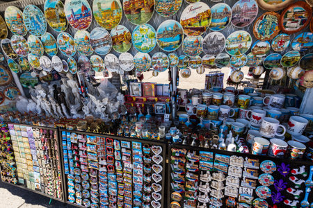 ITALY â APRIL 17: Stall selling souvenirs Michelangelo Square on April 17, 2017 in Florenceのeditorial素材