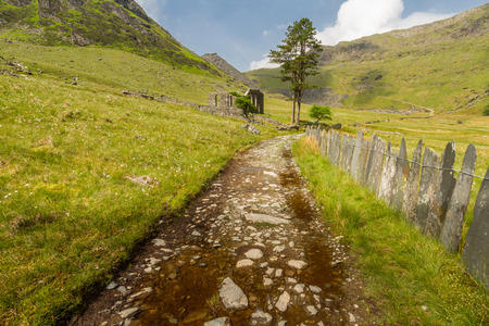 Cwmorthin glacial hanging valley. Cwmorthin, Bleneau Ffestiniog, Gwynedd, Wales, United Kingdom. Looking towards derelict Rhosydd Chapelの写真素材