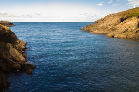 View to sea from Porthgain Harbor harbour. Pembrokeshire, Wales, United Kingdom.の写真素材
